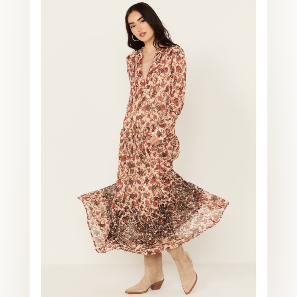 FREE PEOPLE WOMEN'S SEE IT THROUGH FLORAL LONG SLEEVE MAXI DRESS size XS